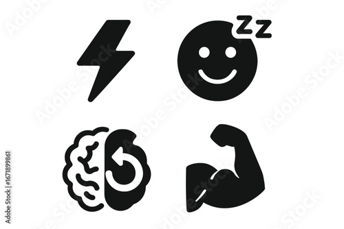 Power nap benefits solid icon set. Vector glyphs of energy boost, mood lift, brain refresh, muscle recovery. Wellness, health, productivity, and relaxation concepts symbols.