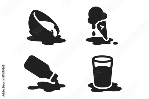 Spilled food and drink icons set. Solid vector illustration of spilled soup bowl, melting ice cream cone, dropped bottle, overflowing glass. Messy liquid spill, food waste, accident symbols