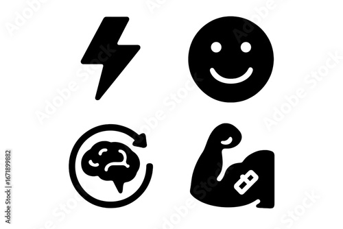 Power nap benefits icon set. Solid glyph icons for energy boost, mood improvement, brain refresh, and muscle recovery. Vector infographic elements for health and wellness.