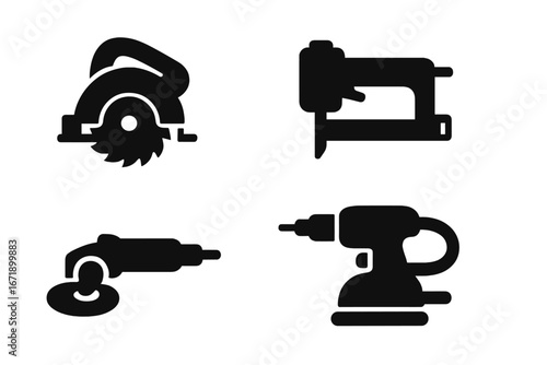 Power tools solid icon set. Vector glyph collection for construction, carpentry, repair. Circular saw, nail gun, angle grinder, orbital sander. Workshop equipment symbols.