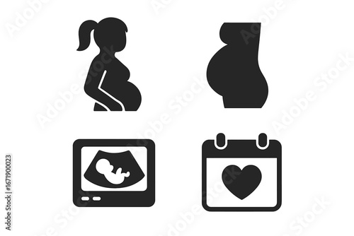 Pregnancy solid icon set. Pregnant woman, baby bump, belly, ultrasound scan with fetus, due date calendar. Maternity, gynecology, medical, motherhood vector concept symbols.