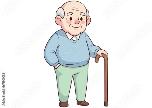 Gentle elderly man smiling while standing with a cane
