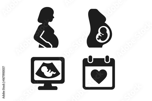 Pregnancy solid glyph icon set. Pregnant woman silhouette, baby bump, fetus in womb, embryo. Ultrasound sonogram scan. Due date calendar with heart. Maternity vector symbols.
