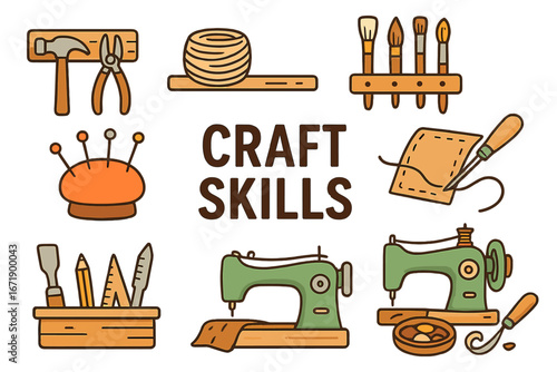 Craft skills vector icon set. Handmade hobby tools collection. Sewing machine, hammer, brushes, leather awl. Artisan workshop equipment for DIY projects. Cartoon illustration.