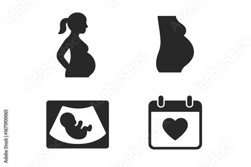 Pregnancy icon set. Maternity and motherhood concept. Pregnant woman silhouette, baby bump, fetal ultrasound scan, and due date calendar. Prenatal medical vector symbols.
