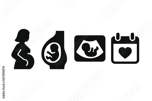 Pregnancy solid glyph icon set. Pregnant woman, baby bump, fetus in womb, ultrasound scan, and due date calendar. Motherhood, maternity, and newborn concept vector symbols.