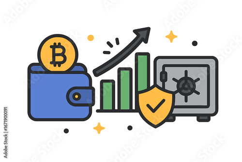 Cryptocurrency wallet, bitcoin investment growth concept. Digital finance safety, secure storage in safe. Blockchain technology protection and financial success vector icon.