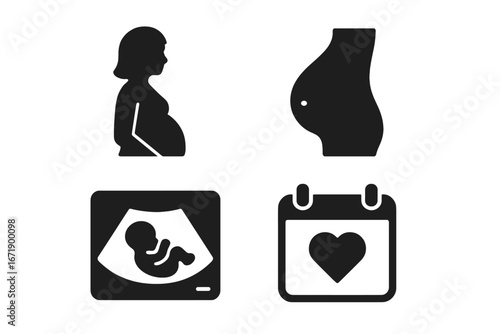 Pregnancy solid icon set. Pregnant woman silhouette, baby bump, ultrasound scan and due date calendar with heart. Maternity, motherhood, obstetrics and gynecology vector symbols.