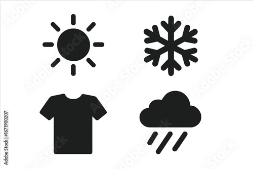 Weather Clothing Icon Set Vector. Solid Black Filled Symbols of Sun, Snowflake, Cloud with Rain, T-Shirt. Seasonal Weather Clothing Cues for Forecast, App, UI, Meteorology, Nature, Climate, Clothes