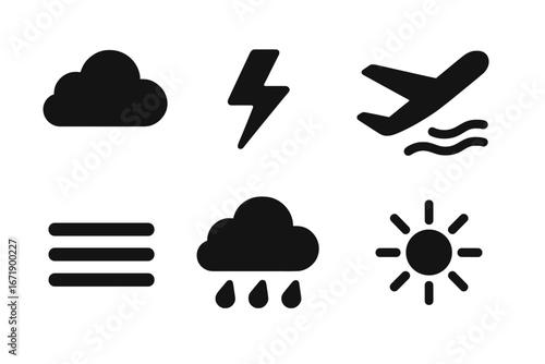 Solid filled weather and flight condition icons vector set. Cloud, lightning bolt, airplane turbulence, fog, rain, sun symbol. Black silhouette pictogram collection for aviation, forecast, meteorology