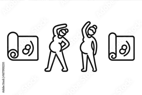 Prenatal fitness and yoga icon set. Pregnant woman doing stretching exercises for healthy pregnancy. Expecting mother workout concept. Line art vector wellness symbols.