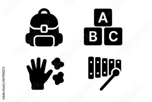 Preschool education solid icon collection. Vector glyph set of early childhood development, kindergarten activities. School bag, ABC blocks, finger painting, xylophone symbols.