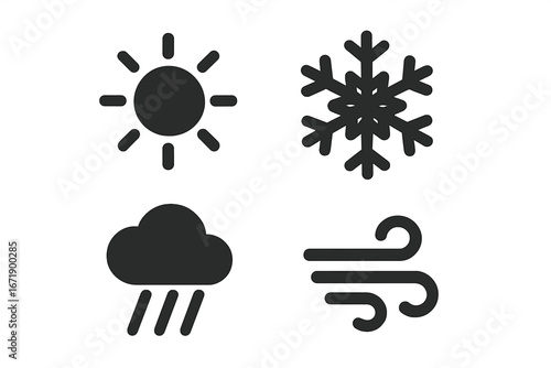 Weather icons set for clothing decisions, solid vector illustration. Sun, snowflake, rain cloud, wind gust. Meteorology forecast symbols. Season-based dressing cues, climate elements, black silhouette