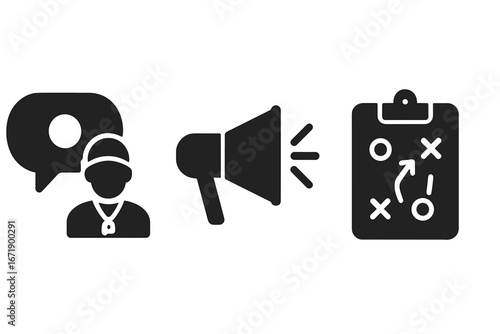 Sports Coaching Communication Icons. Solid Vector Set Featuring Coach with Speech Bubble, Megaphone for Announcements, Tactical Clipboard with Game Plan. Coaching Strategy, Team Leadership, Motivation