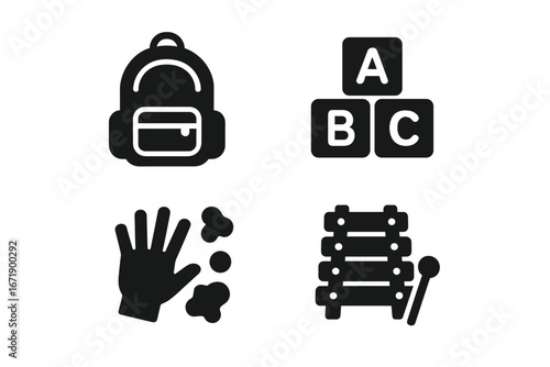 Preschool education solid glyph icon set. Kindergarten learning concept. Backpack, ABC alphabet blocks, finger painting art, and xylophone music instrument vector symbols.