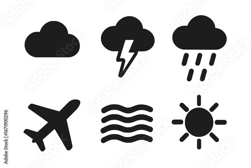 Weather and Flight Conditions Vector Icons Set. Solid style filled symbols for climate, aviation, transportation. Cloud, lightning, rain, turbulence, fog, sun. Airport, travel, meteorology, forecast.