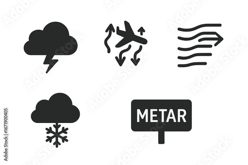 Aviation Weather Icon Grid. Black Filled Vector Set Showing Thunderstorm Cloud, Turbulence, Wind Shear, Icing, METAR Symbol. Flight Safety, Air Traffic Meteorology, Airport Conditions