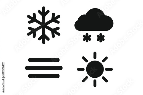 Solid Vector Weather Icons Grid. Filled Symbols of Environmental Conditions. Snowflake, Blizzard, Fog, Sunshine, Wind Gust. Black Isolated Set for Forecast, App, Climate, Transparent Background.