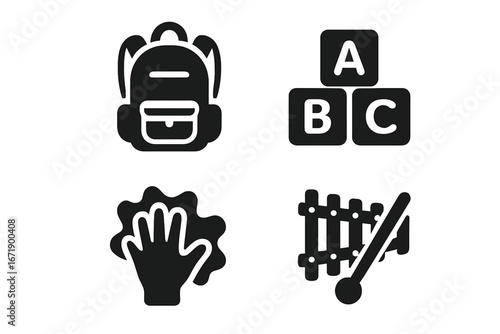 Preschool and kindergarten solid icon set. Early childhood education and development concept. Learning and play symbols. Backpack, ABC blocks, finger painting, xylophone icons.