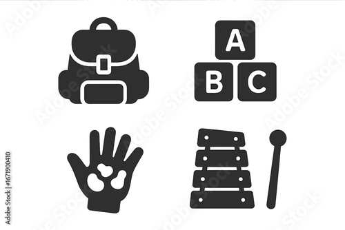 Early childhood education solid icon collection. Preschool learning activities vector set with school bag, alphabet blocks, hand painting and xylophone. Back to school concept.