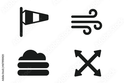 Solid black weather icon grid for wind and air conditions, wind sock, gust lines, turbulence, cloud layer symbols, aviation meteorology, forecast signage, vector illustration collection