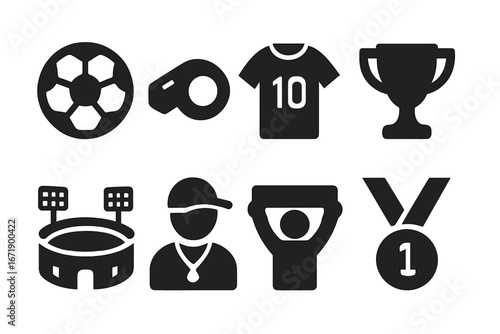 Sports vector icon set. Solid black filled icons of soccer ball, referee whistle, player jersey, trophy cup, stadium, coach, fan celebrating, number one medal. Team games graphic symbols