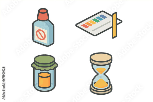 Preservation and shelf life icon set. Isometric flat design vectors. Concept with preservative bottle, pH test strip, canned food jar, and hourglass for expiration date.