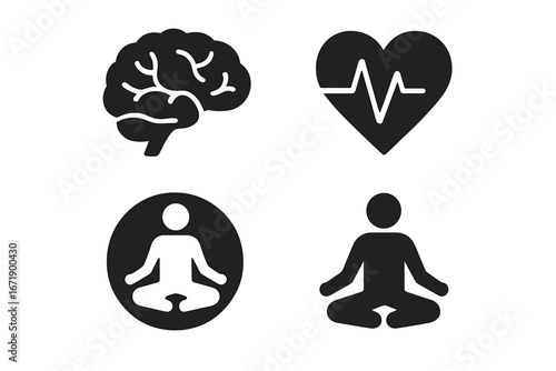 Mental and physical health icon set. Brain, heart beat, meditation and yoga pose. Concept of preventive healthcare, psychology, wellness, mindfulness, balance and stress relief.