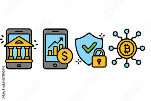 Fintech icon set for digital finance. Mobile banking, online investing, and secure payment illustration. Cryptocurrency, blockchain, and data protection vector symbols.