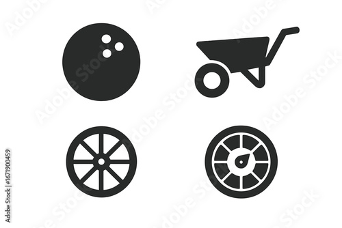 Set of Solid Sports and Game Wheel Icons. Bowling Ball with Holes, Spoked Wheel, Spinning Wheel, Wheelbarrow Race. Vector Black Silhouette Illustrations Isolated on Transparent Background