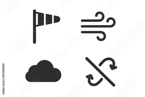 Solid Black Weather Icon Grid Vector. Wind Sock, Air Gust, Cloud Shape, Turbulence Symbol. Meteorological Forecast, Climate Conditions, Atmospheric Elements, Simple Filled Clipart Set Illustration