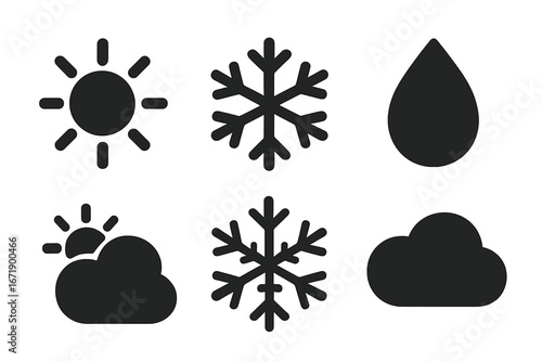 Solid filled weather icon collection vector. Sun symbol, snowflake, raindrop, cloud, partly cloudy, frost pattern, seasons, temperature, climate, weather forecast, transparency, isolated set