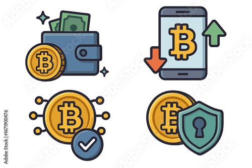 Cryptocurrency icon set. Bitcoin transaction. Digital wallet with cash. Mobile trading app with up and down arrows. Blockchain technology. Crypto security concept. Vector illustration.
