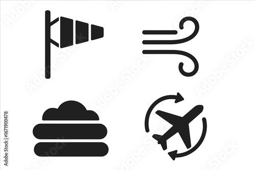 Weather Icon Grid Vector Set. Solid Filled Symbols for Wind and Air Conditions. Windsock, Gust Lines, Cloud Layers, Aviation Turbulence. Modern Black Pictograms for Meteorology Forecasts