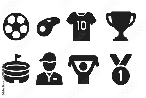 Solid filled soccer sports icons collection. Vector football ball, referee whistle, team jersey, champion trophy, stadium, coach, fan supporter, gold medal. Modern sport symbol set