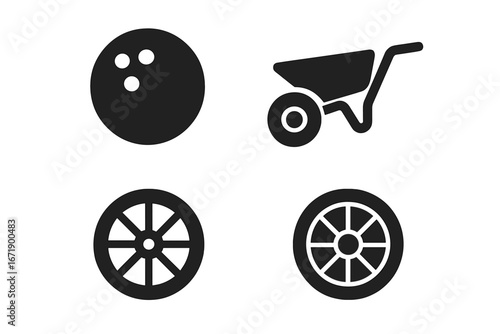 Sports and Games Wheels Icons Set. Solid Vector Illustrations of Bowling Ball with Holes, Wheelbarrow, Classic Wagon Wheels, Spinning Motion, Physical Activity, Recreation Concepts