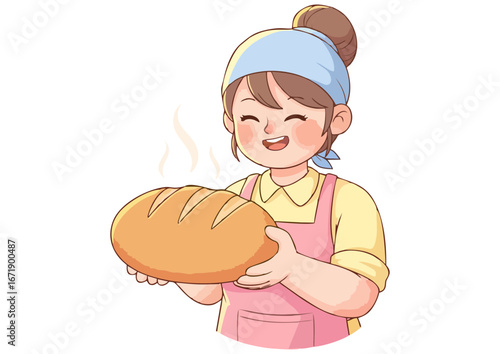 Happy baker girl holding freshly baked bread with a smile