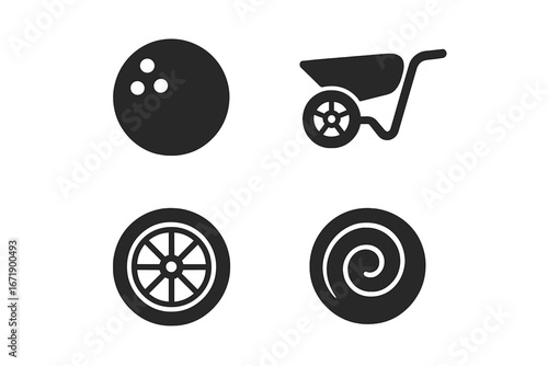 Solid vector icon set of sports and games wheels, including bowling ball with holes, wheelbarrow wheel, wagon wheel, spiral spinning wheel. Isolated graphic symbols for activity and motion concepts