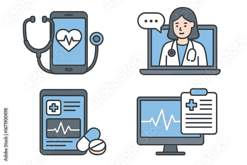 Digital health and telemedicine icon set. Online doctor consultation via laptop. Mobile health app on smartphone with stethoscope. E-prescription and remote patient monitoring.