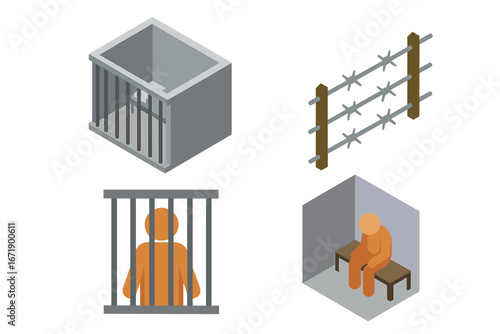 Prison icon set isometric vector. Jail, prisoner in cell, solitary confinement, and barbed wire fence. Justice, crime, and punishment concept. Political repression symbol.