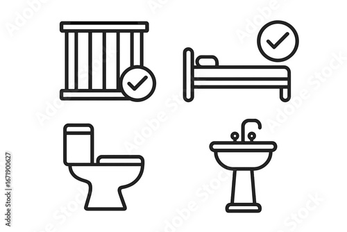 Prison improvement icons set. Better jail conditions. Human rights in correctional facility. Approved standards for inmate. Barred window, bed, toilet, sink vector icons.