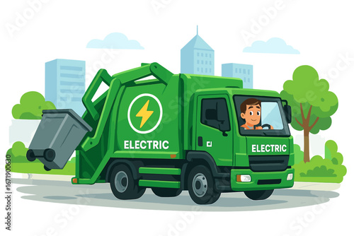 Electric garbage truck collecting waste in a clean city. Eco-friendly vehicle for recycling and sanitation. Sustainable urban environment concept. Vector cartoon illustration.
