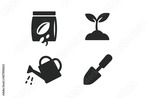 Spring gardening icons set. Solid black vector illustration of seed packet, sprouting seedling, watering can, garden trowel. Planting tools isolated for landscaping, agriculture concepts.