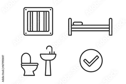 Prison conditions improvement icon set. Jail cell amenities vector illustration. Barred window, bed, toilet, sink. Inmate rights, justice system reform, humane treatment concept.