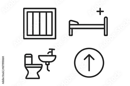 Prison improvement icon set. Barred window, medical bed, sanitary facilities. Concept of inmate rights, jail reform, rehabilitation, and better prison conditions. Vector icons.