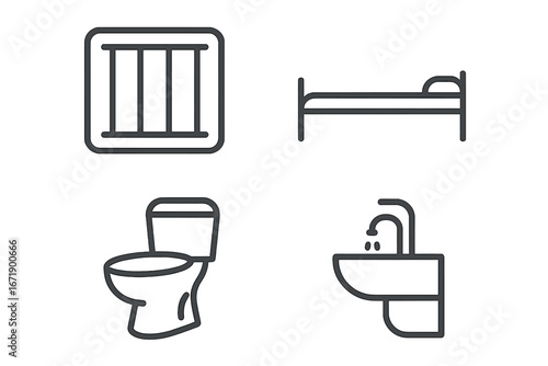 Prison conditions outline icon set. Jail cell furniture and sanitary equipment. Barred window, bed, toilet, sink symbols. Concept for punishment, justice system, human rights.