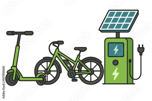 Green transport vector set. Electric scooter and bicycle with EV charging station powered by solar panel. Eco friendly urban mobility and renewable energy concept illustration.