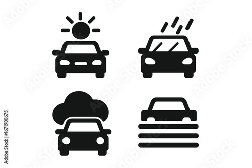 Weather road conditions car icon set. Solid vector illustration of clear sky, rain, cloud, fog, windshield, driving, climate impact, transportation safety, automotive symbols, flat style.