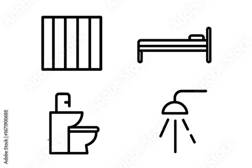 Prison conditions icon set. Jail cell elements. Vector line art symbols of barred window, bed, toilet, shower. Concept of inmate life, incarceration, justice system, punishment.