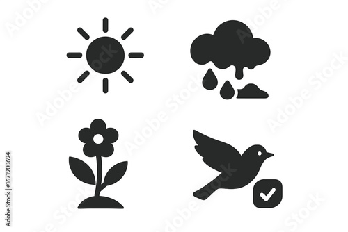 Seasonal Renewal Spring Vector Icon Set. Solid Filled Symbols of Sun, Rain, Snow Melting, Early Flower Bloom, Migrating Bird, Fresh Nature Elements. Weather Change, Rebirth, Ecology.